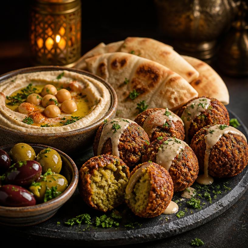 فلافل مقرمشة مع الحمص والزيتون